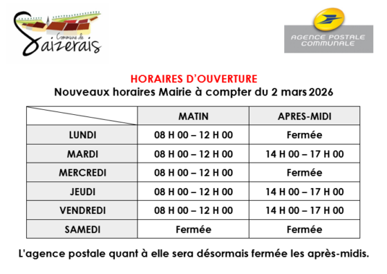 Nouveaux horaires Mairie à compter du 2 mars 2026