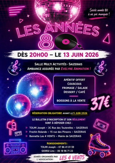 🎶🪩 Animation à Saizerais – Soirée Années 80 🪩🎶